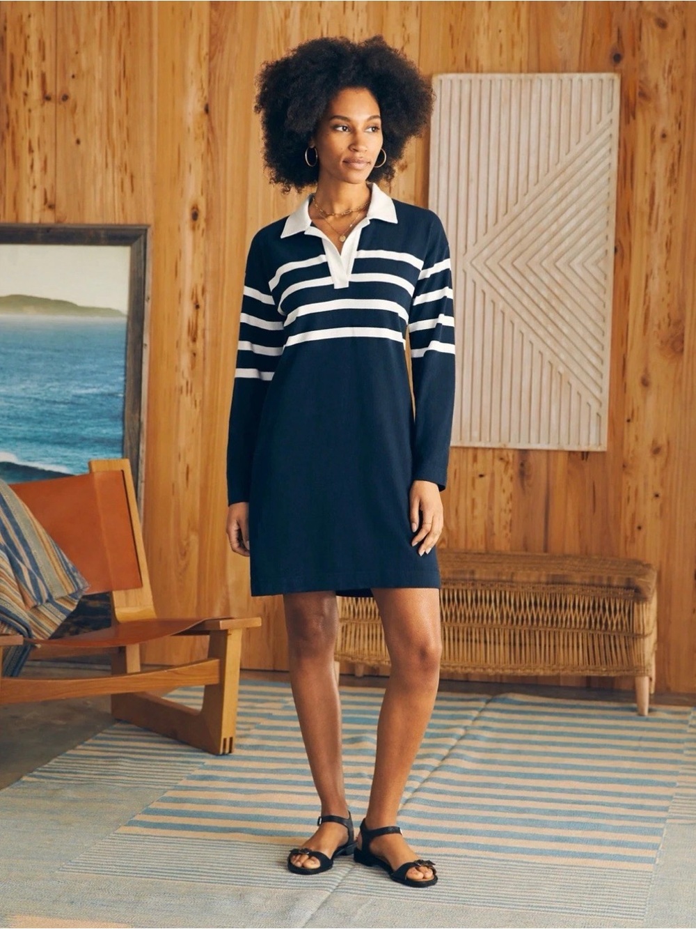 FAHERTY 100% Cotton Rugby Jersey Navy and White Striped Polo Dress Size L H19